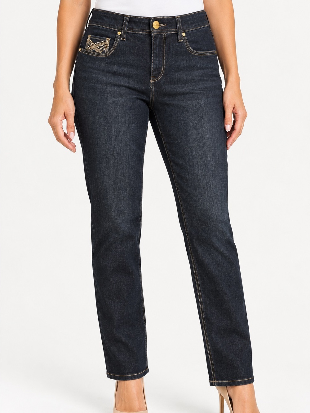 Cache Dark Indigo Blue Wash Straight Jeans with Gold-Tone Hardware. Y2K